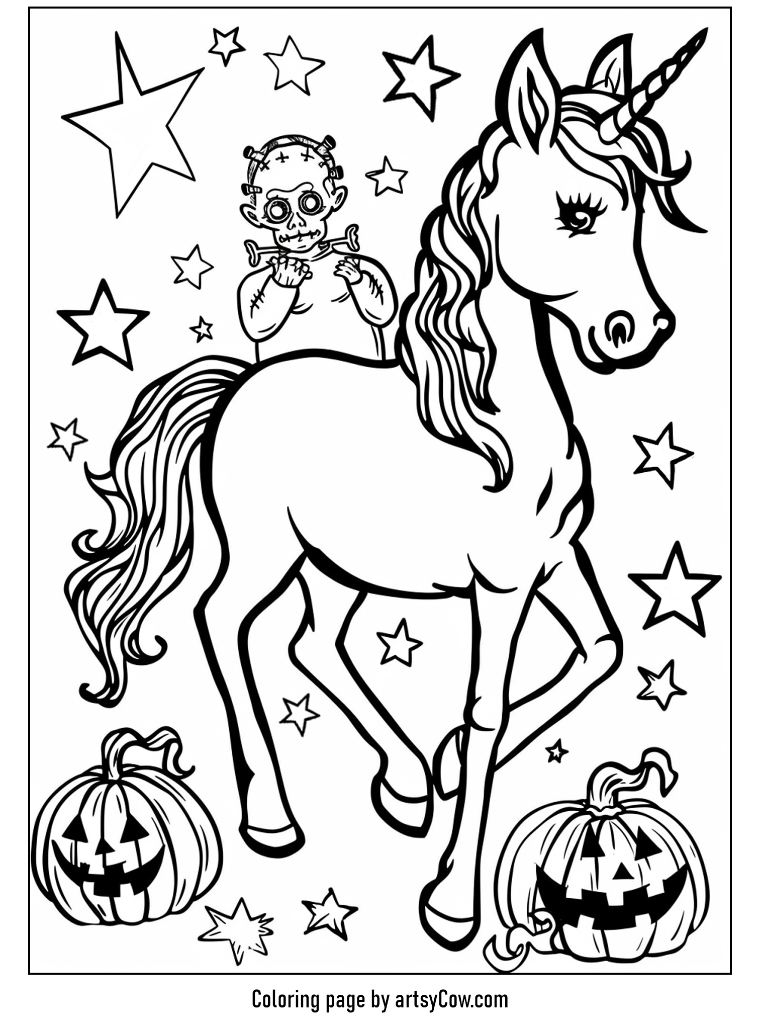 halloween coloring pages with unicorn, featuring a whimsical unicorn and a cute mini Frankenstein.
